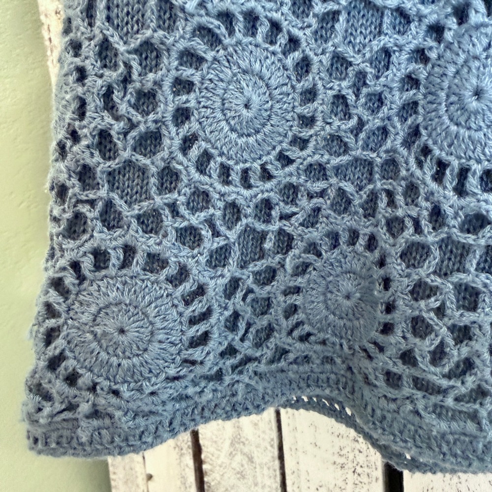 VTG Requirements Petite Blue Crochet Short Sleeve Cardigan Sz L Sweater Boho NWT - Picture 9 of 11